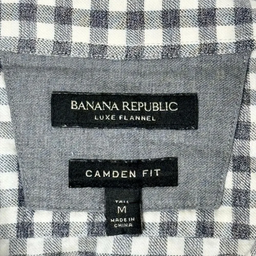 Banana Republic Luxe Flannel Shirt Men's M Tall Gray Gingham Camden Fit